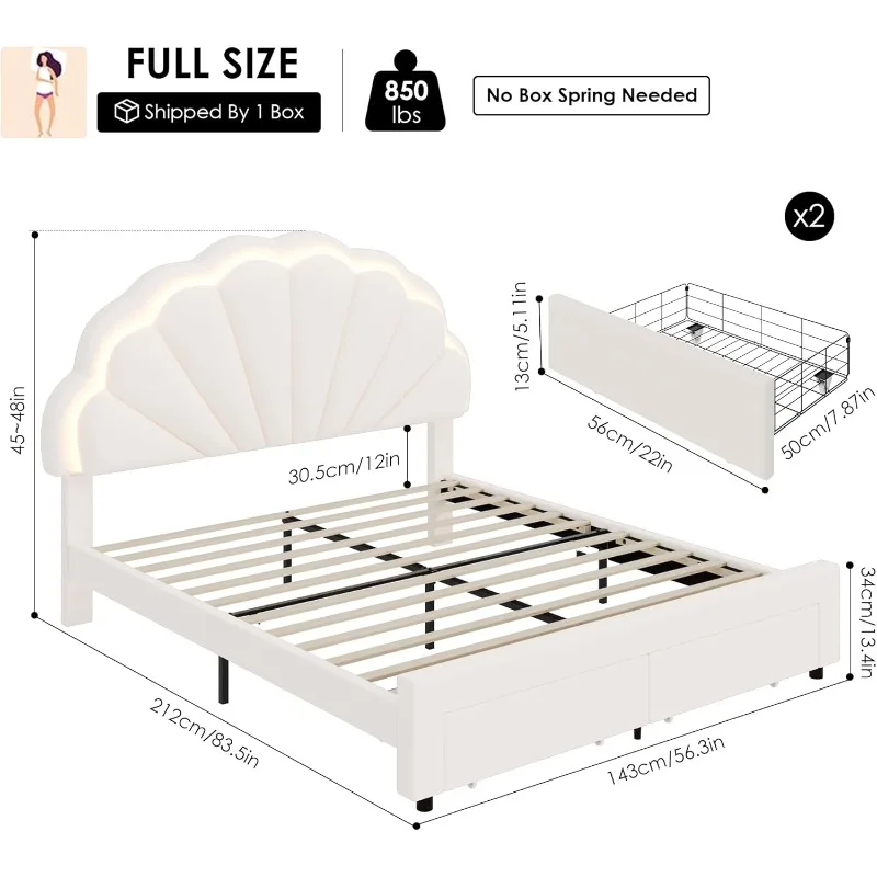 Upholstered Smart LED Bed Frame with 2 Storage Drawers and Adjustable Chic Double Petal Headboard