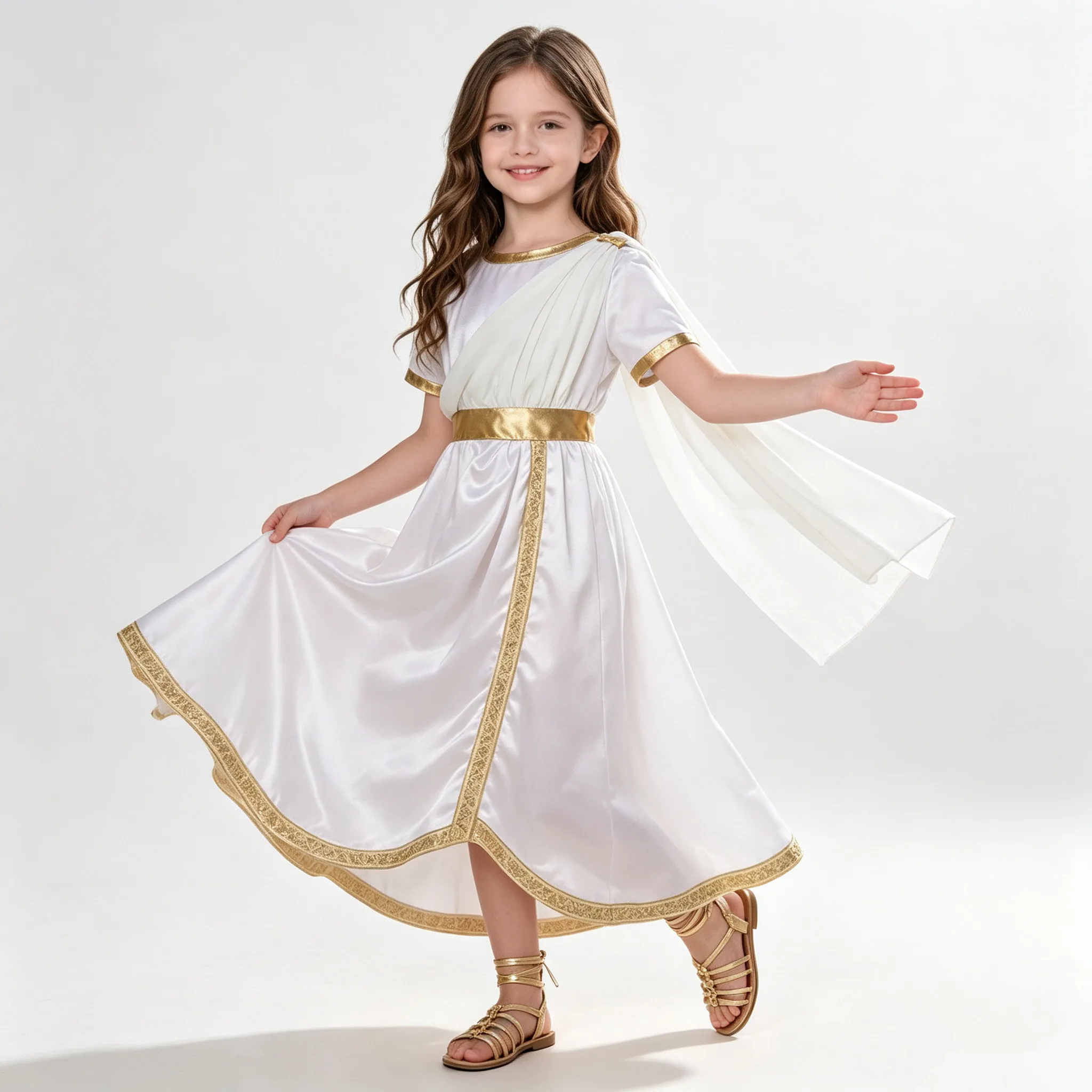 Kids Girl Halloween Ancient Greek Roman Goddesses Toga Satin Dress Short Sleeve Worship Church Choir Robe Deity Princess Costume