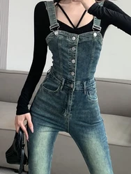 Slim Wide-Leg Flare Jeans Spaghetti Straps Single-breasted Denim Jumpsuit Fashionable High Street Autumn Women's Trousers