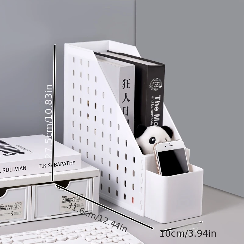 قطعة واحدة من منظم سطح المكتب الأبيض مع حامل أقلام ورف تخزين - منظم ملفات قائم قابل للطي مع مقصورات متعددة وكتاب