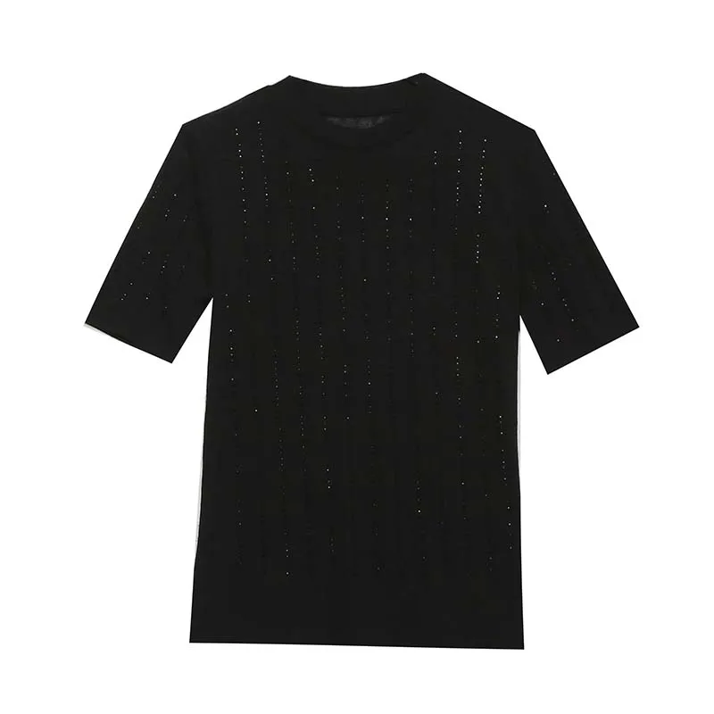 MadBlack-Women's European T-Shirt, Sexy Mock Neck Diamonds Patchwork, Streetwear Short Sleeve Slim Tee, 2025 Summer New T52820CC