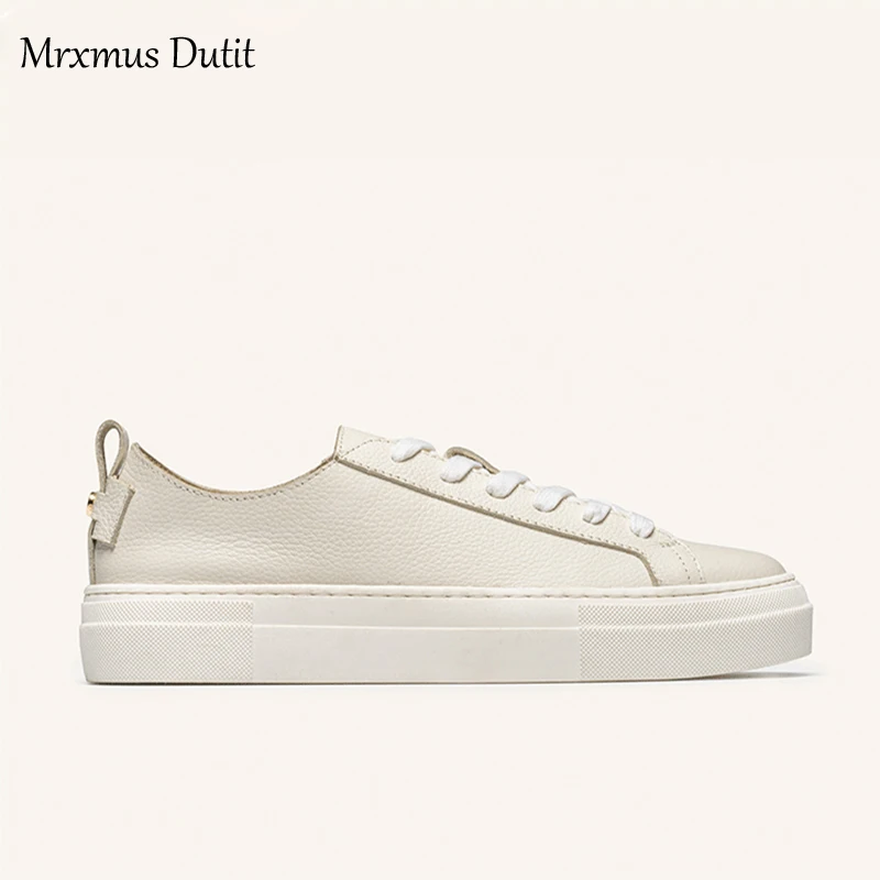 Mrxmus Dutit New 2022 Shoes For Women Fashion Genuine Leather Lacing Flat Shoes Female Solid Simple All-match Casual Sneaker