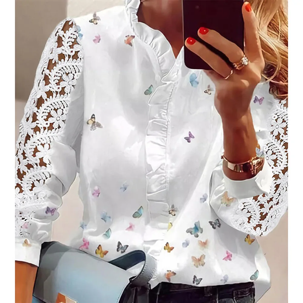 Women\'s Shirts Fashion Elegant Long Sleeve Butterfly Print Office Lady Top White Women Ruffled Hollow Out Blouse Female Clothing