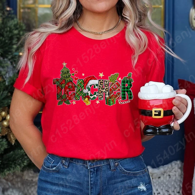 

Футболки с рождественским принтом для учителей, новая летняя модная женская одежда, повседневные женские топы с короткими рукавами и круглым вырезом, однотонные футболки