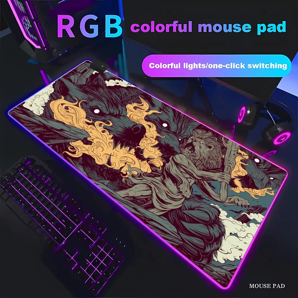 Lion, man, and wolf anime art patterns Mouse Pad Animation Games Beautiful RGB HD Gamer Large LED Light Computer Non-slip Decor