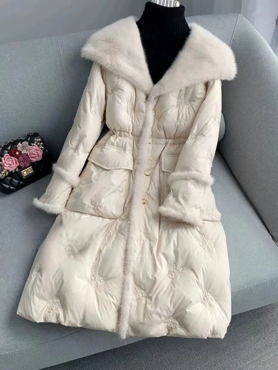 2024 Winter New High End Mink Fur Goose Down Snow Parka Jacket Women\'s Mid Long Coat Fashionable Slim Fit Fur Jacket