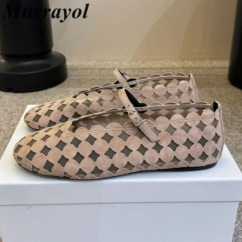 Flats Mary Janes Women Shallow Mouth Cow Suede Hollow Out Breathable Grandma Shoes Spring Summer Buckle Design Lazy Loafers
