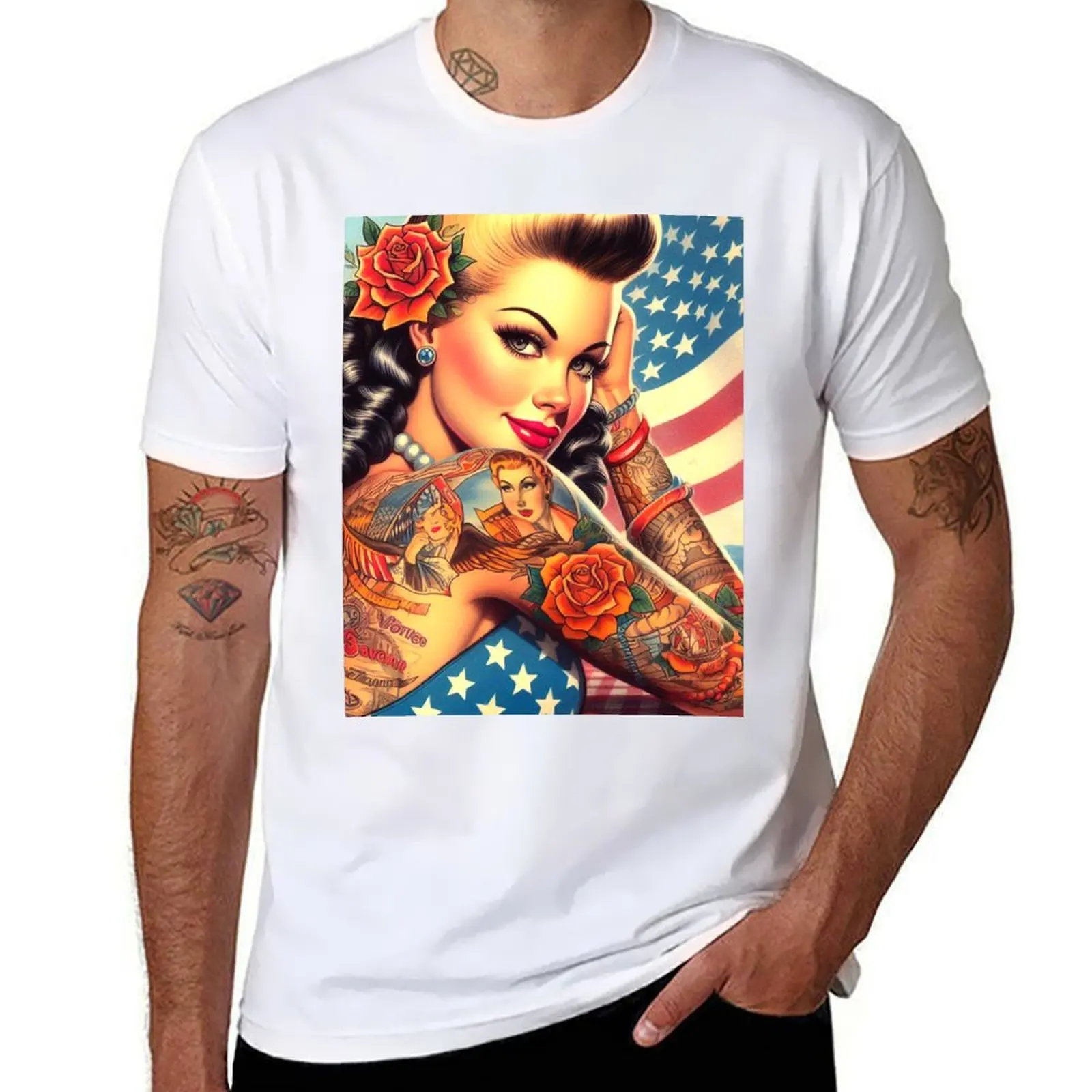 

Vintage Tattooed American Pin-up T-Shirt man t shirt luxury t shirts for man graphic funny T-Shirt