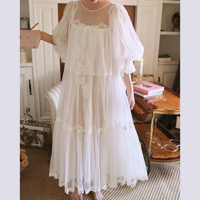 Women Spring Autumn Princess Sleeping Dress Sweet Cute Girls French Fairy Mesh Cotton Nightgown Retro Palace Style Sleepwear