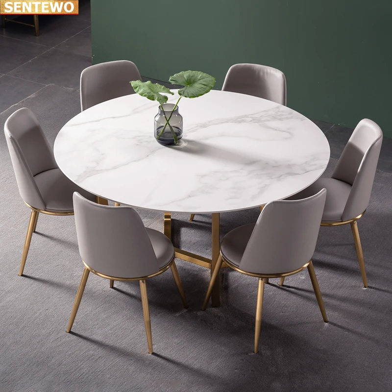 Designer Luxury round kitchen Marble Rock Slab dining table set 4 6 chairs mesa stolik furniture meuble marbre Carbon steel base