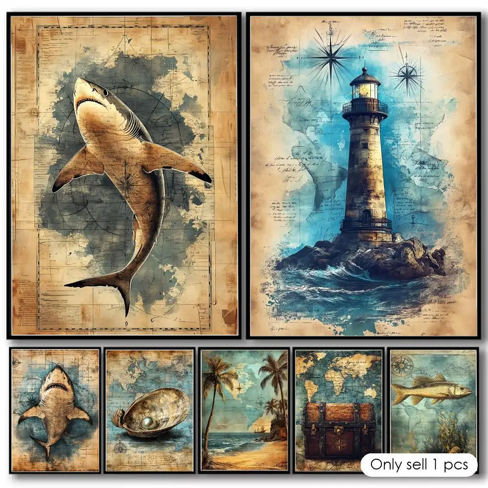 The retro Age of Navigation 3 Painting Calligraphy Canvas Poster Hallway Bedroom Living Room Home bar Decoration interior Wall