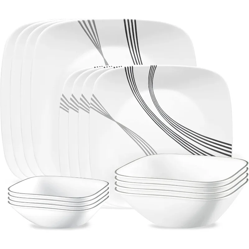 

Urban Arc 16pc, Service for 4, Dinnerware Set, 8 Plates Bowls, Chip & Break Resistant, Dinner and ware White