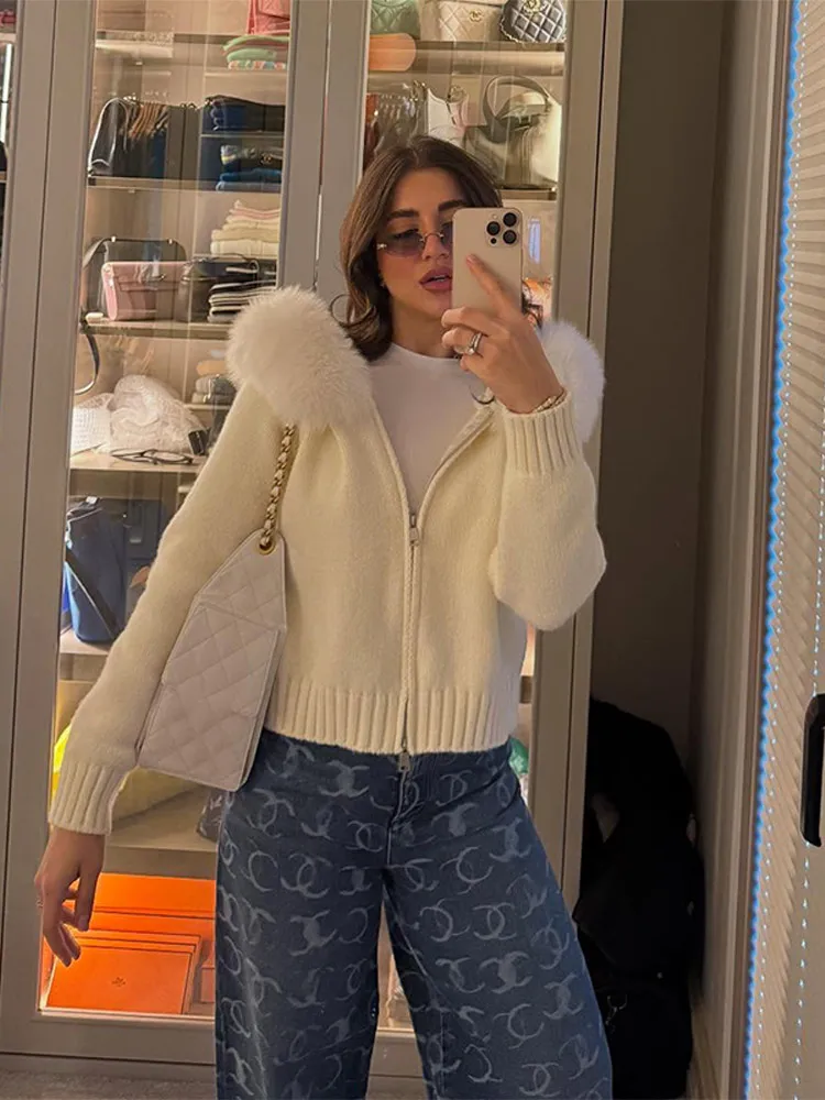 Vintage com capuz gola de pele do falso camisola casaco feminino 2025 outono inverno preguiçoso zíperes duplos malha cardigan sólido casual curto topos