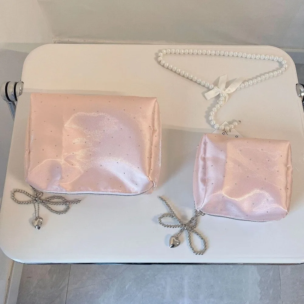 Modische Strass-Kosmetiktasche mit Perlen und Schleife, Multifunktionale Kosmetiktasche, Damenhandtasche für Reisen