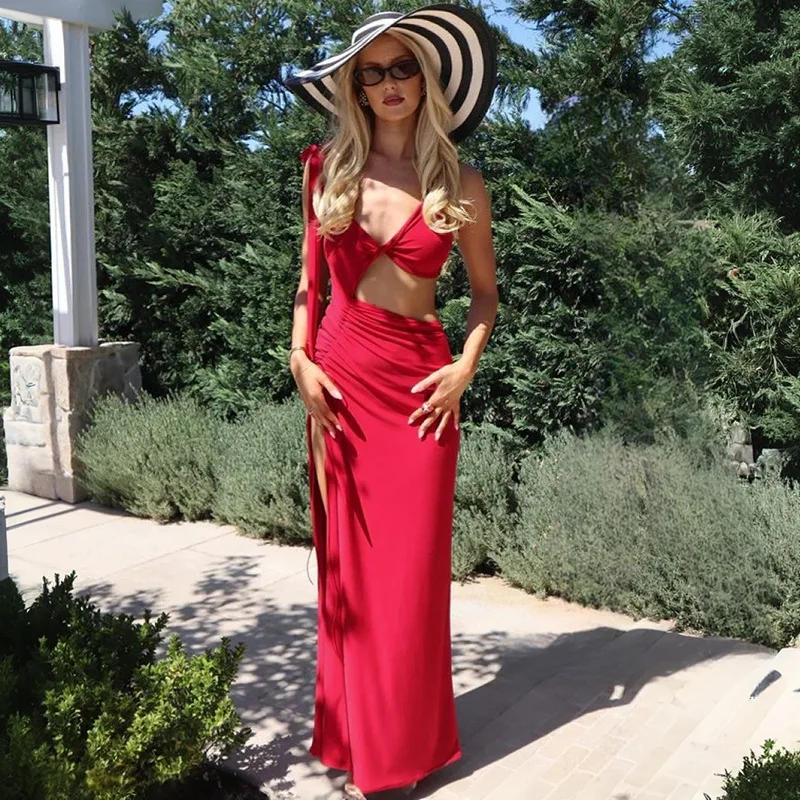 

Women's 2025 Solid Color Sleeveless Backless Sling Hollow Drawstring Slit Dress Luxury Party Club Vestidos