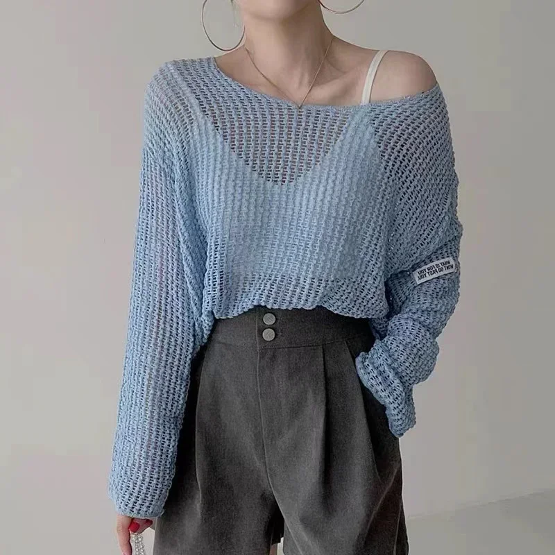 summer Lady Hollow Out Mesh Thin Pullover Women\'s Knitted Sweaters See Through Look Long Sleeve Loose Tops Smock Sunscreen shirt