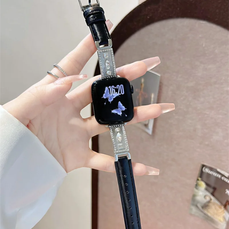 

Diamond studded metal flower genuine leather compatible iWatch strap 38mm 40mm 41mm 42mm 44mm 45mm 49mm fashionable strap