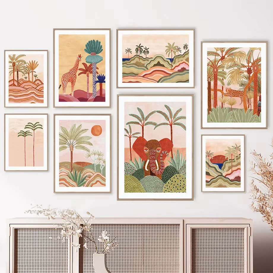 Tropischer Baum Giraffe Elefant Boho abstrakte Poster und Drucke Wandkunst Leinwand Malerei Bild Raumdekoration