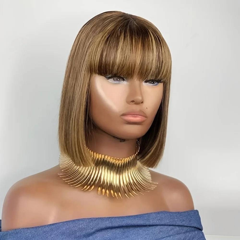 

Ombre Highlight Bob Wigs with Bangs Brazilian Virgin Human Hair Straight Bob Wigs Glueless Machine Made Colored Human Hair Wigs