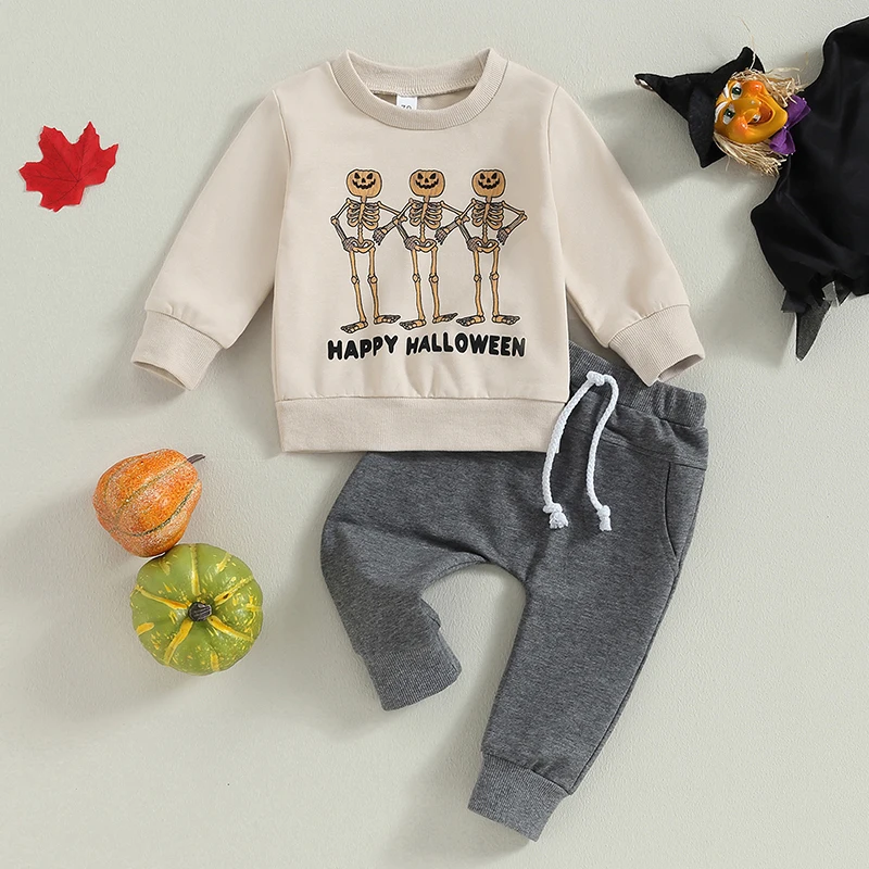 

BeQeuewll Baby Boys Pants Set Long Sleeve Crew Neck Letters Pumpkin Skeleton Print Sweatshirt with Sweatpants Halloween Clothes