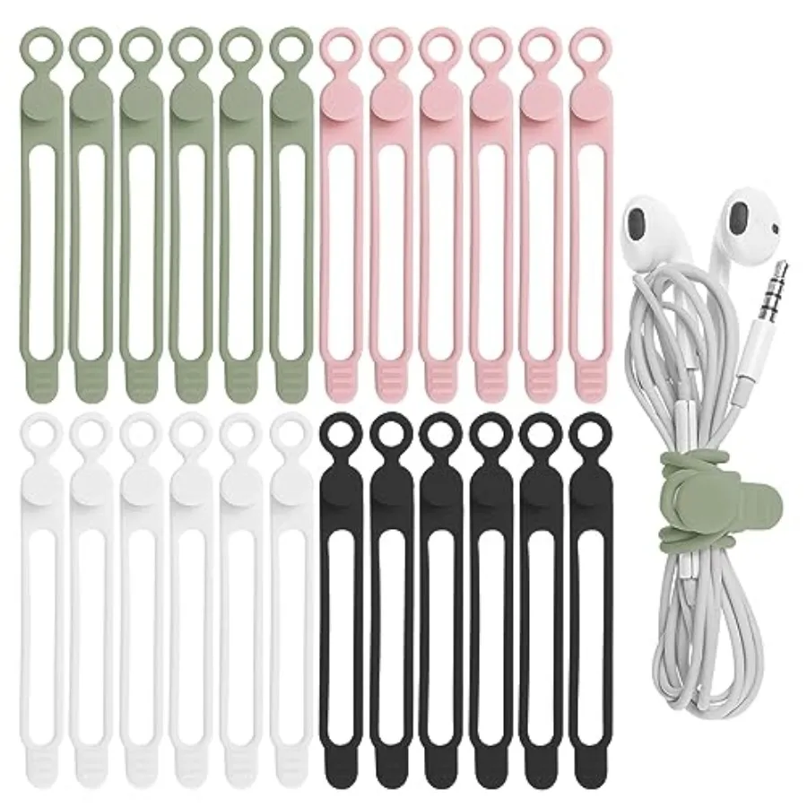 24Pcs Silicone Cable Ties, Cord Organizer Cable Management Reusable Cord Ties for Electronics, Office Desk Accessories, Home Tr