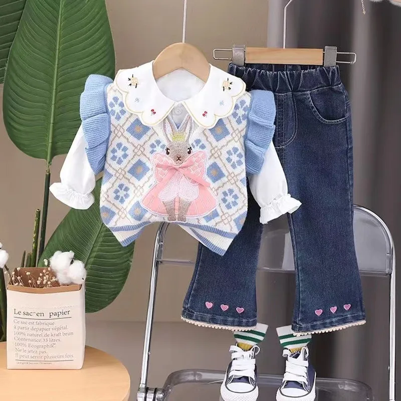 Girls Spring Set Baby Autumn Clothing Children\'s Fashionable Bell Pants Women\'s Spring and Autumn Korean Edition Three Piece Set