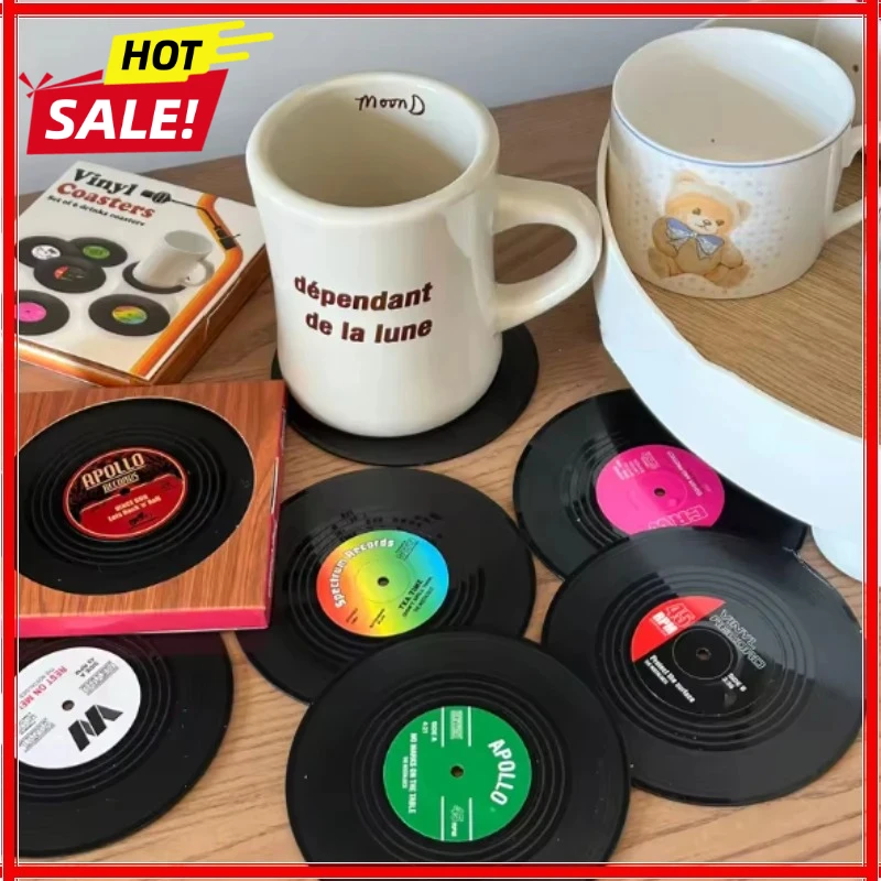 Newest 6pcs Record Cup Mat Plastic Retro Vinyl Anti-slip Coffee Coasters Heat Resistant Music Drink Mug Mat Table Placemat Decor