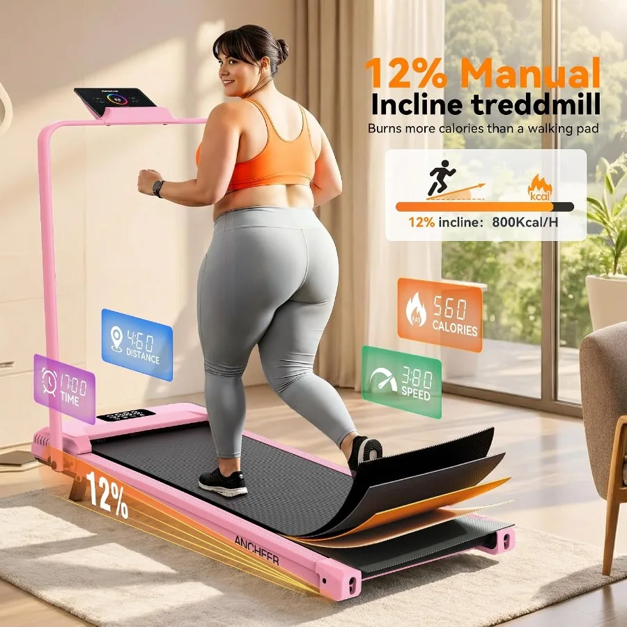 Under desk foldable treadmill for home office use, steel frame with black finish, 20 incline, quiet dual flywheel system, 500LB