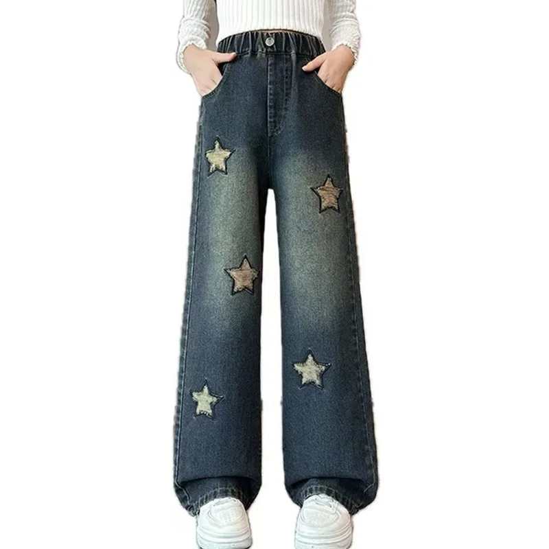 

Children Vintage Blue Ripped Jeans For Girls Straight Cut Jeans Pants With Star Hole Destroyed Denim Trousers For Teenage Kids