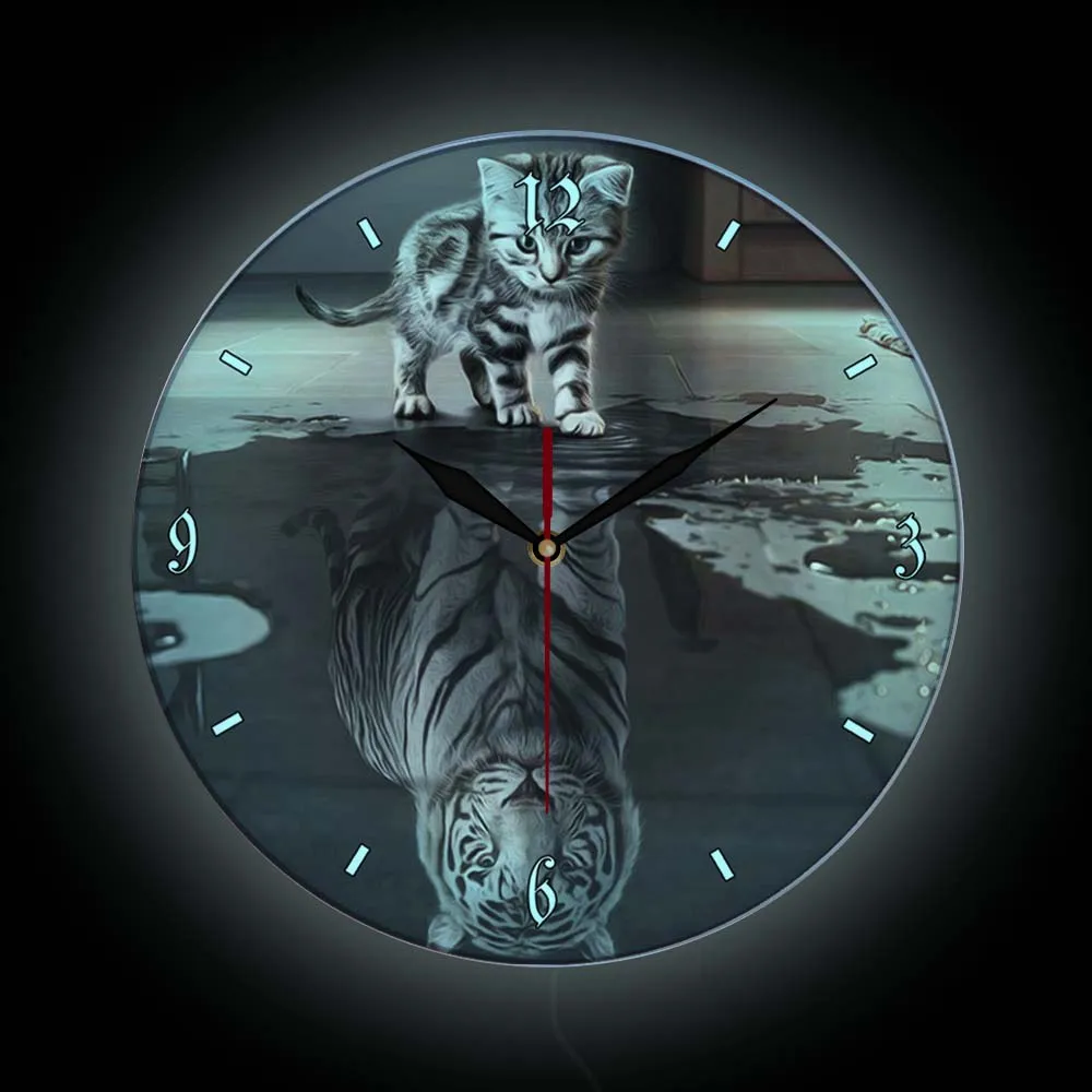 Kitten Reflection Tiger LED Lighted Wall Clock For Bedroom Home Decor Watch Small Cat Pictures Big Tiger Luminous Glowing Clock