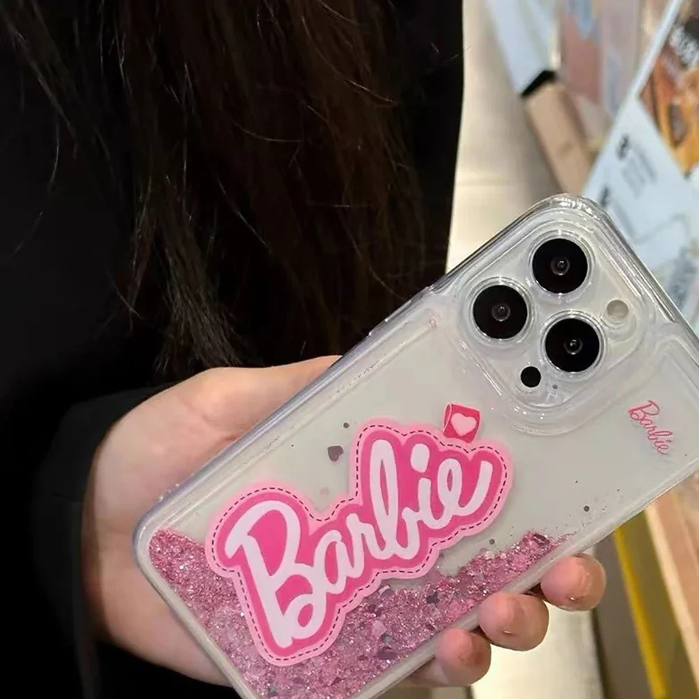 Miniso Ins Barbie Sparkling Pink Quicksand Transparent All-Inclusive Iphone Case for 15/14/13/12Promax Apple New Girl Gift Tide