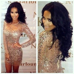 Sexy Robe De Long Sleeve Sheer Neck Bling Champagne Crystals Beads Sheath Short Party Mother of the Bride Dress Graduation Robes