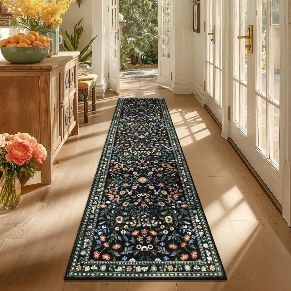 Floral Print Bohemian Carpet Vintage Area Rug Soft Faux Cashmere Machine Washable Hallway Runner Living Room Floor Mats