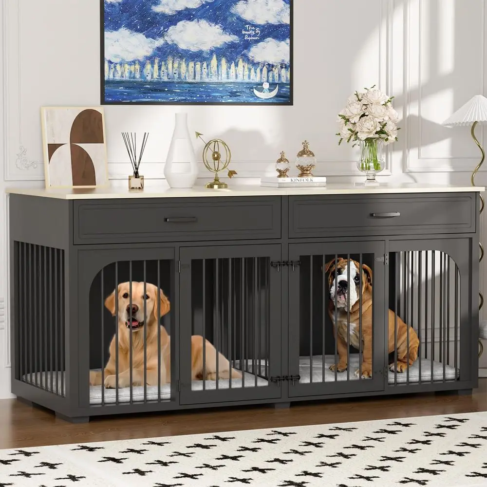 Large Wooden Dog Crate with 2 Doors, Removable Divider, Heavy Duty Indoor TV Stand for Medium to Large Dogs, Black