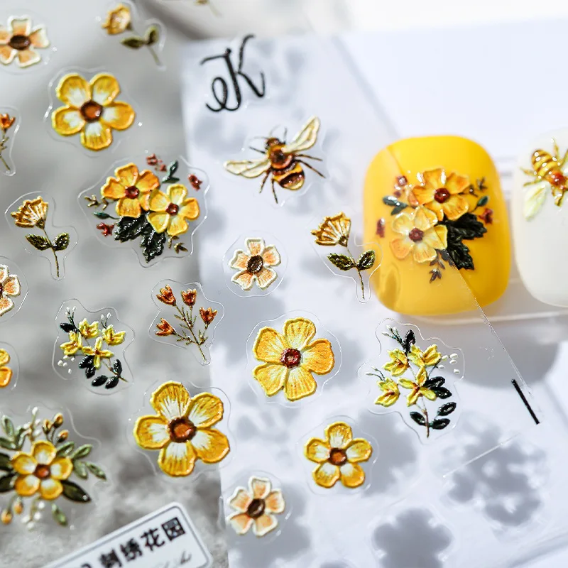 5D yellow embroidered bee kawaii nail stickers small yellow flower self-adhesive nail stickers embossed decorative nail stickers