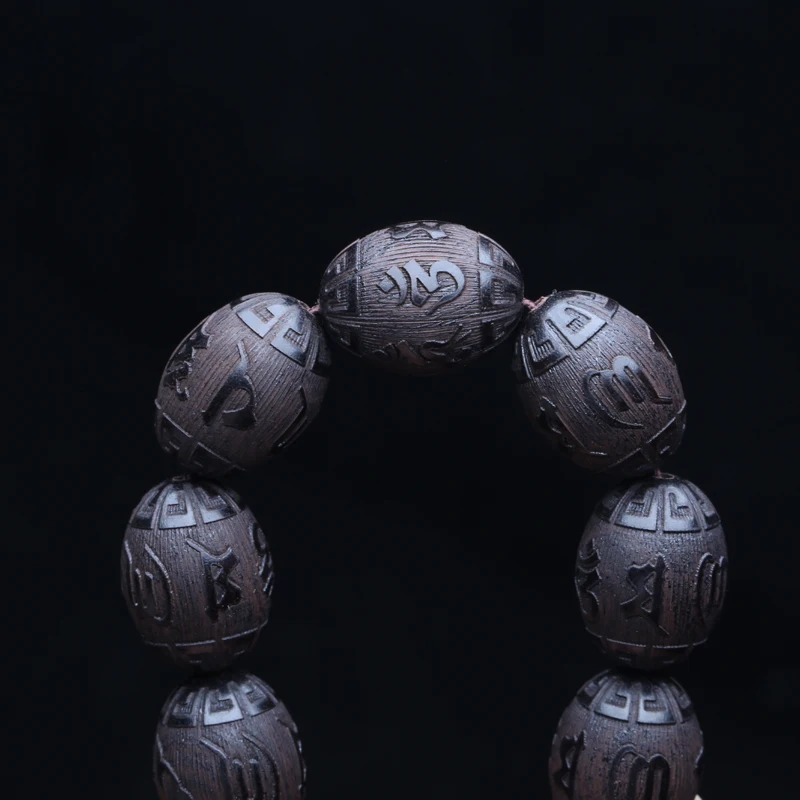 Natürliche Ebenholz Armband Olive Förmigen Schwarzen Holz Tibetischen Buddhistischen Perlen Sechs-Charakter Mantra Glück Armband – Detail 3