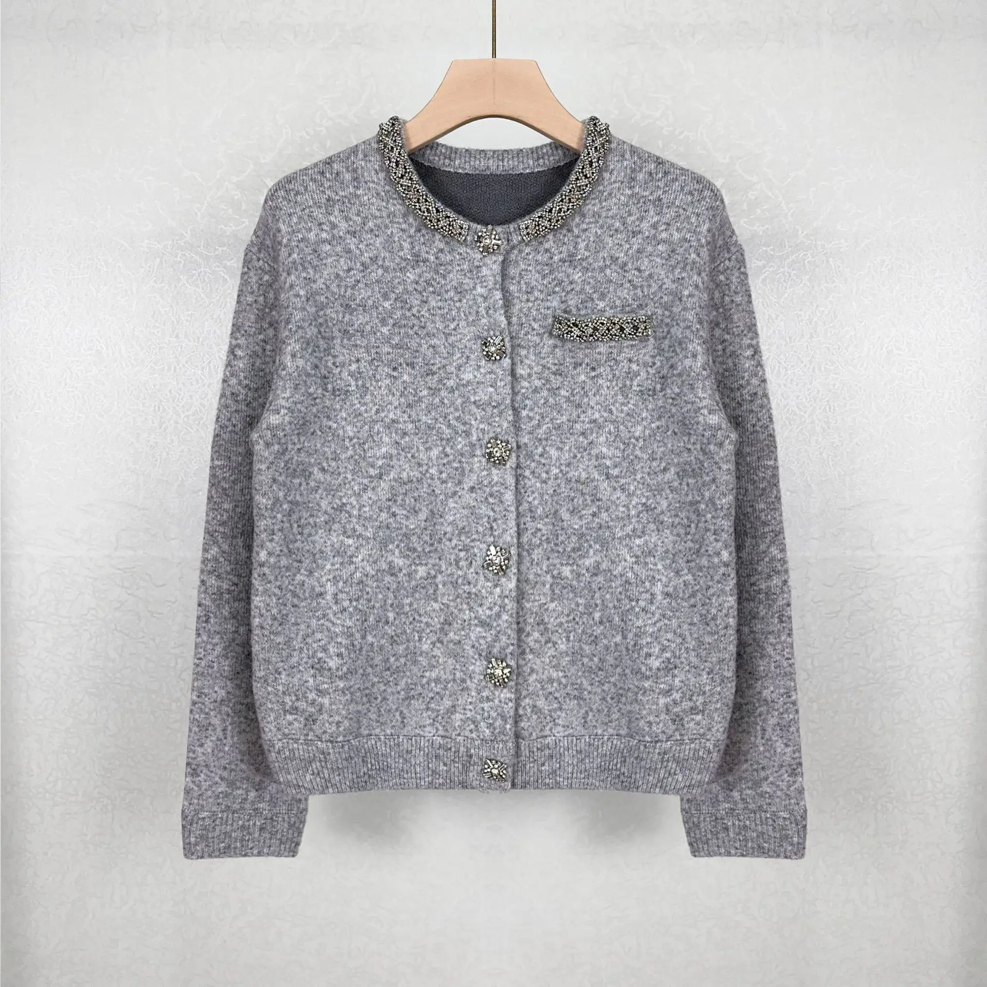 Women Grey Cardigan Diamond Decoration O-Neck Single Breasted Long Sleeve Sweet Autumn Winter Knitted Sweater