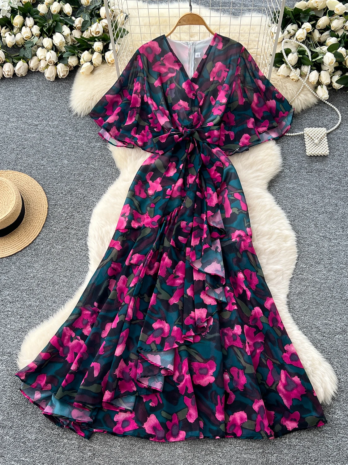 Vestido longo de verão e f cintura alta saia linha a estilo floral imprão chiffon material manga curta versã...