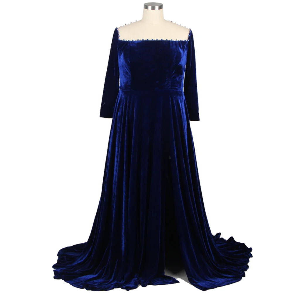 

Feelingarden Evening Dress Navy Blue O-Neck Plus Size Three Quarter Sleeves A-Line Floor Length Velour Women Party Dresses B1943