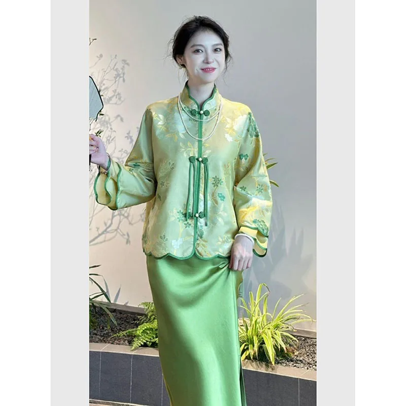 

Green Jacquard Two Piece Set Women Tassel Blouse Chinese Stand Collar Vintage Suit Satin Long Dress Spring Autumn
