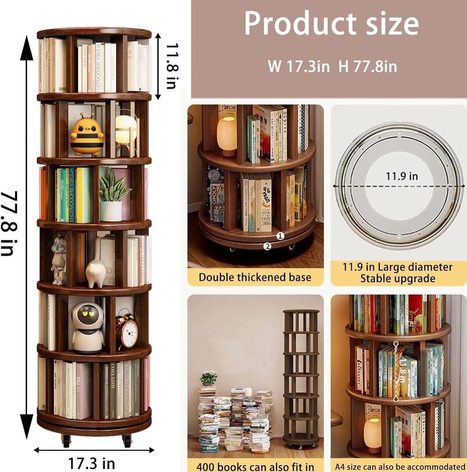 6-Tier Rotating Bookshelf Tower Wood 360° Revolving Organizer with Wheels for Small Spaces Living Room Office, Customized