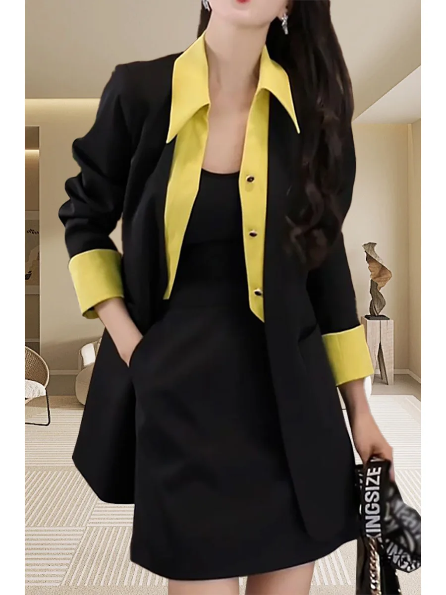 High End Women's Suit Korean Version Spring and Autumn New Item Splicing Fake Two-piece Suit Jacket+skirt Two-piece Set