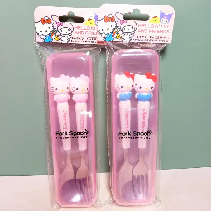 Kawail Sanrio Kuromi Spoon Fork With Box 2 piece Set Hello Kitty My Melody Stainless Steel Child Tableware Kitchen Supplies