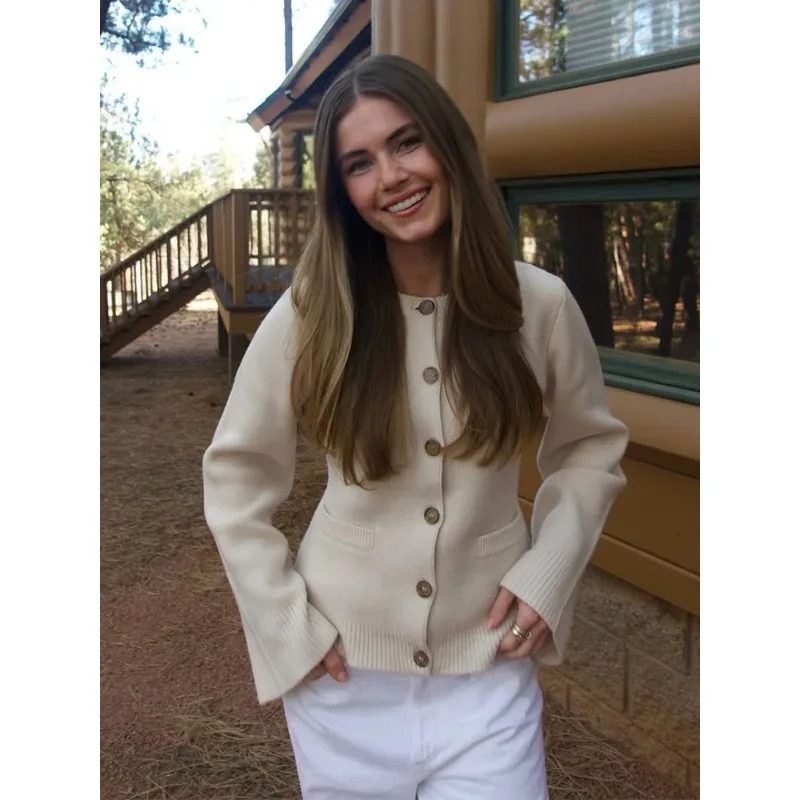 

Ladies Casual Loose Knitted Cardigan Solid Color Long Sleeve Pocket Sweater