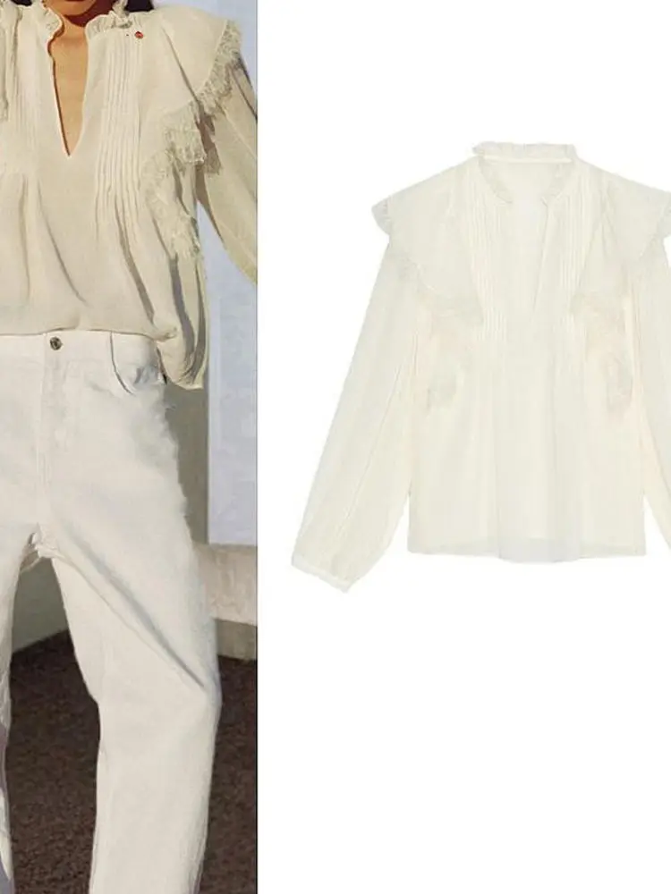 Primavera Nuovo Arrivo Donna Faion Ruffle Decorazione a strati V-ne Lungo Sve Semitrasparente irt Casual Loose Fit Sottile...