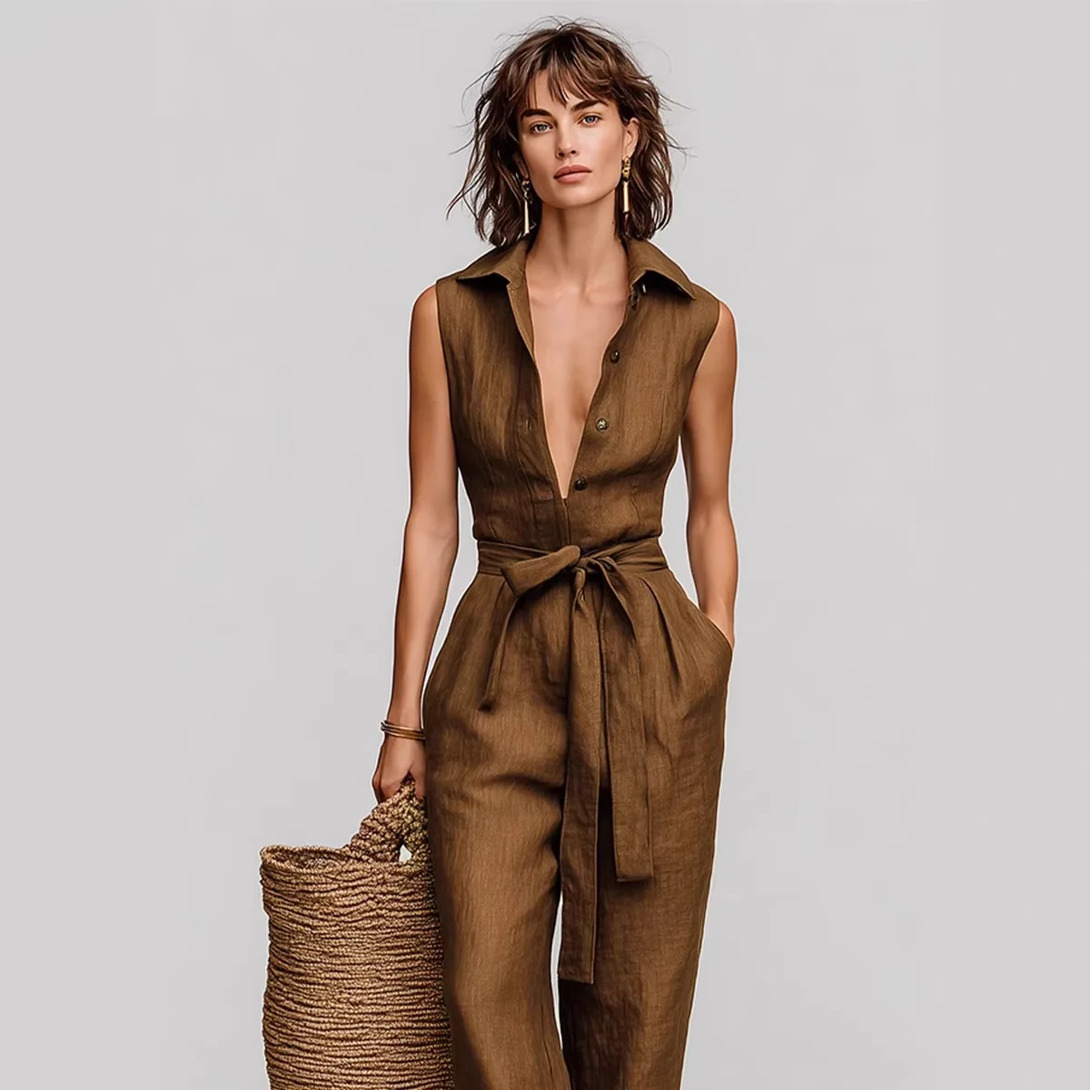 Retro Unisex Sleeveless Lapel Tie Jumpsuit Jumpsuits Spring Summer Matching Set