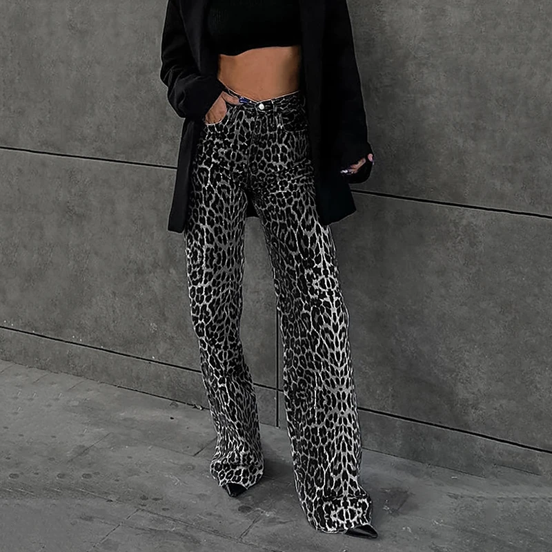 

Leopard Print Black Wide Leg Pants Woman High Waist Trousers Summer 2024 Ladies Flare Loose Barrel Jeans Streetwear