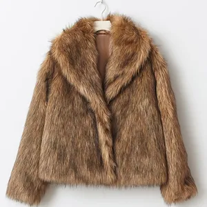 Brown luxury female cute skin fake hot coat short chic lapel Collar long sleeve jacket hairy winter 2024 lady high streetwear 8 Main Women's Brown Coat Sales - №5