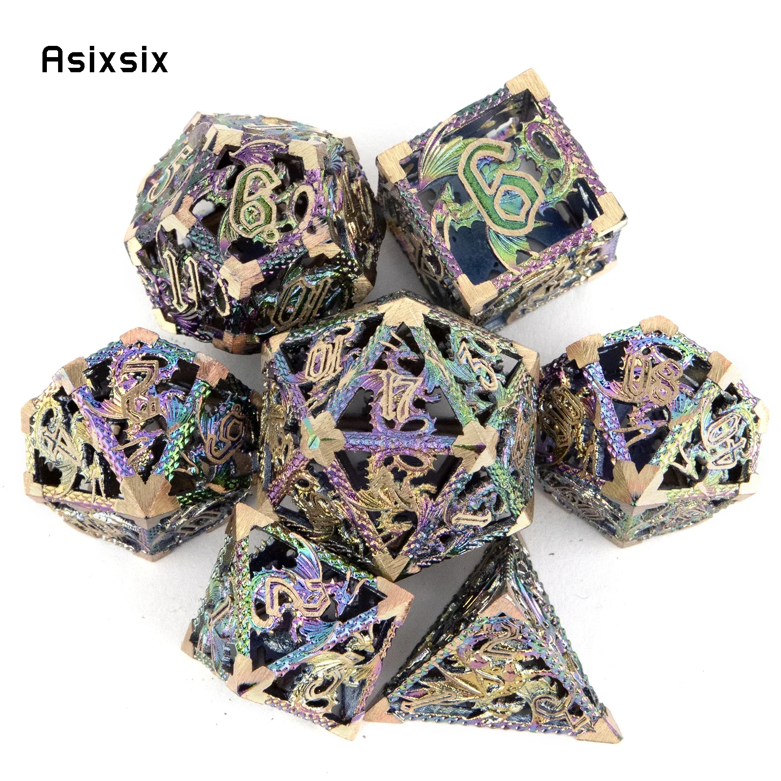 

7 Pcs Colorful Flying Dragon Metal Dice Hollow Metal Polyhedral Dice Set Suitable for Role-Playing RPG Board Game Gift