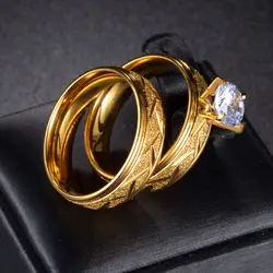 MeMolissa 2pcs Luxury Gold Color Stainless Steel Cubic Zirconia Ring Wedding Rings for Men Women Couple Jewelry Gifts